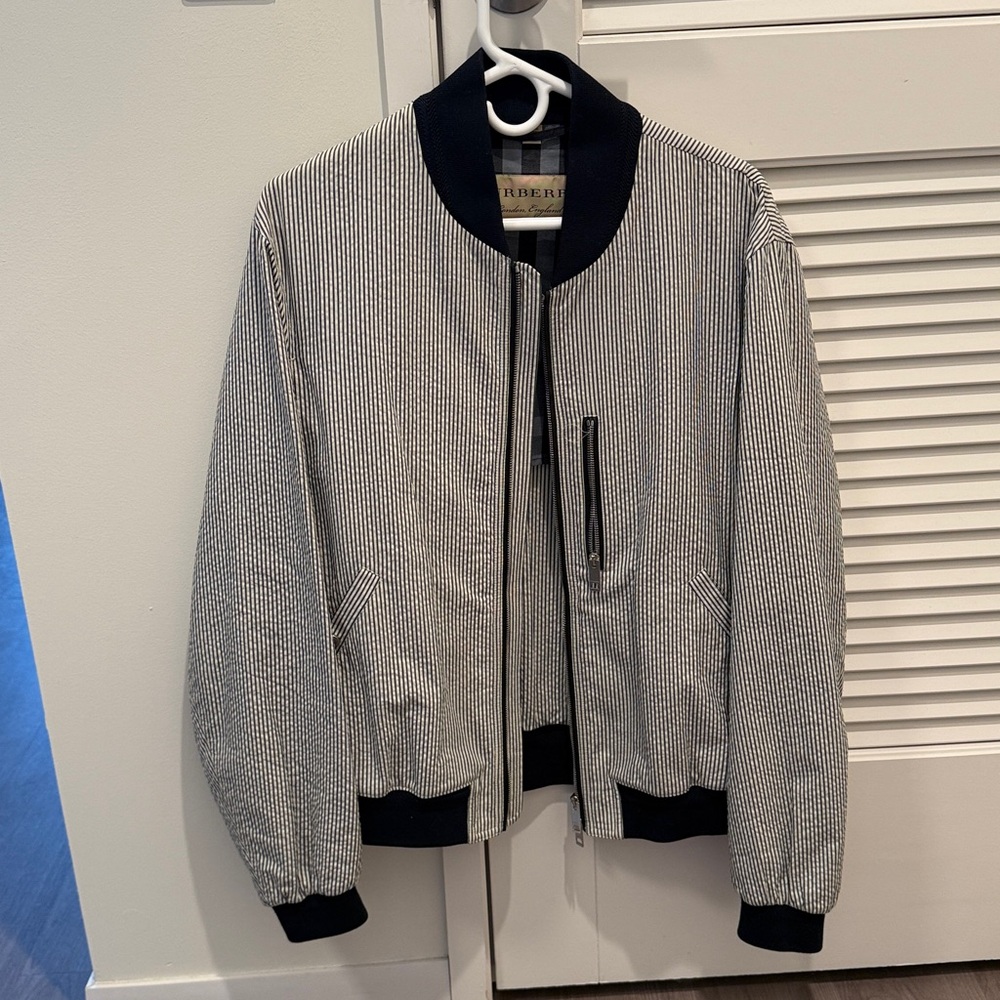 Burberry Navy and White Striped Bomber Jacket